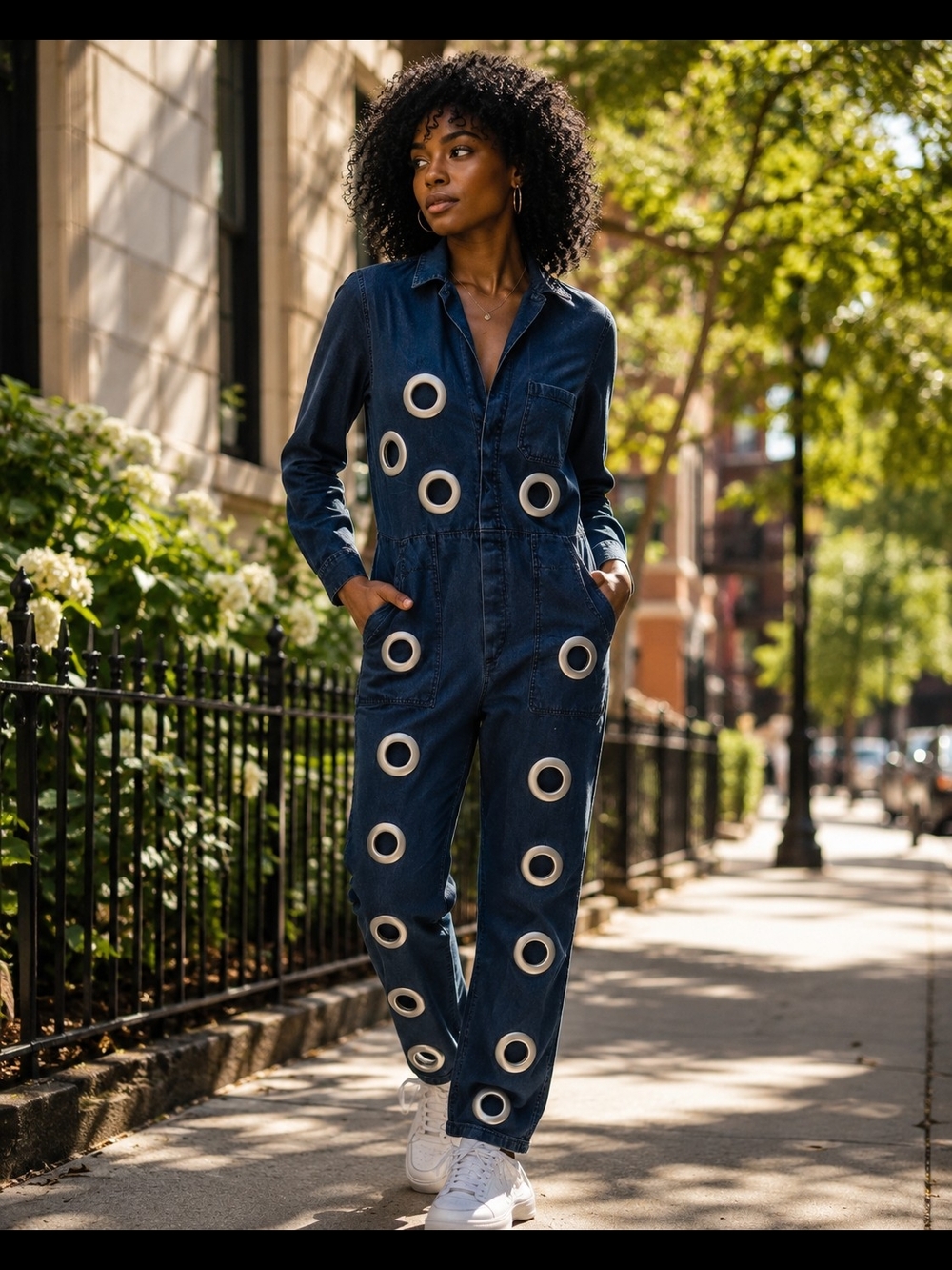 Upcyled Denim Jumpsuit with Circular Grommet Details - Navy